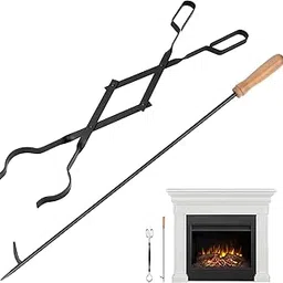 32 Inch Long Fireplace Campfire Poker Stick and 25 Inch Fireplace Firewood Tongs Wood Stove Accessories Tools Set, Log Grabber Havey Duty Rust Resistant, Black Finish for Indoor and Outdoor use-image-87