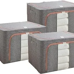 Organisers Storage Box for Clothes 66 Liter Capacity Wardrobe Organizer for Clothes Storage Organizer Foldable Steel Frame with Zipper & Clear Window with Handle (Grey, 66 Ltr - Pack of 3)-picture-35