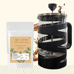 CO.PHI French Press Coffee Maker, 800ml, German Borosilicate Glass Carafe, Stainless Steel Filter, Ergonomic Handle, Black Spiral Design with 100 gms Existential Espresso Ground Coffee-image-87