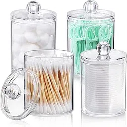 Zollyss 4 Pack Qtip Holder Dispenser for Cotton Ball, Swab, Round Pads, Floss - 15 oz Clear Plastic Apothecary Jar Set for Bathroom Storage, Vanity Makeup Organizer-image-9