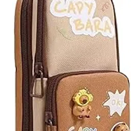 Parshya Canvas Kawaii Pencil Case 3 Compartment Cute Pencil Case for Girls Large Capacity Pen Pencil Pouch Smooth Zipper Multifunctional Stationery Organizer for School Office (HT Brown Bara) image 1
