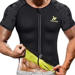 NINGMI Mens Neoprene Sauna Suits Sweat Top Weight Loss Body Shaper for Training Vest Workout Shirt Zipper Short Sleeve-image-21