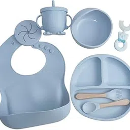 Nautilus 9-Piece Silicone Baby Feeding,Essential Items for Mealtime,Innovative Suction Bowl,Plate,Cup with Straw&snackLid,Bib,Fork,Spoon and U-Shape Toothbrush for Babies.(Light Blue)-image-45