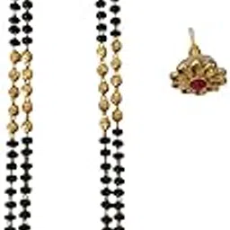 Maharashtrian Long Traditional Gold Plated Micro Polish Black and Golden Beads Round Pendant Mangalsutra and Earrings Set for Women-image-45