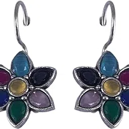 omid Navratna Floral Stone Earrings for Women | Multi-Gemstone Traditional Indian Dangle Hook Earrings-picture-13