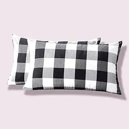 Deevine Craft Cotton Fabric Bed Pillows – Set of 2 | 16" x 26" Medium-Hard Neck Support Pillows | Black & White Gingham Checkered Design | Premium Comfort & Durability image 1
