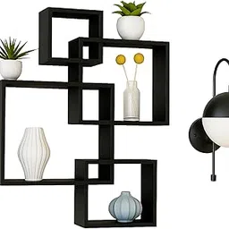 RIOZAIN Wooden Wall Shelves for Living Room, Bedroom & Office | Modern Decorative Storage Rack | Wall Mounted Cube Shelf Set – Wood Material Decorative Intersecting Floating Wall Shelves (Black) image 1