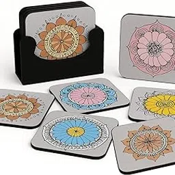LA' FORTE 6-Piece Premium Mandala Art Design Wooden Coaster Set with EPE Anti-Slip Base & Storage Stand | 3.5” Square | Water Resistant-picture-34