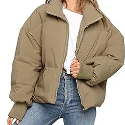 zesica Women's Winter Warm Long Sleeve Zip Up Drawstring Baggy Cropped Puffer Down Jacket Coat Outerwear, Khaki, X-Small-picture-64