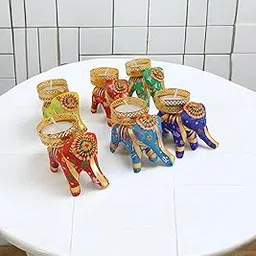 CRAFTOWN | Handcrafted Recycled METERIAL | Elephant TEALIGHT Candle Holder | Home Decoration | Diwali Diya | Multicolor Set of 6-picture-29