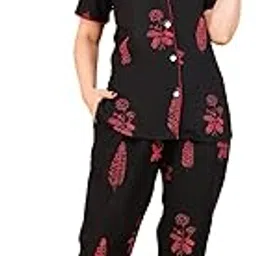 Women's Rayon Night Suit, Black with Gold Floral Print, Short Sleeve Button-Down Top and Pants Set, Casual Loungewear image 1