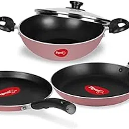 Pigeon Basics Non Induction Base Nons tick Aluminium Cookware set, including Nonstick Dosa Tawa, Nonstick Kadai With Glass Lid, and Nonstick Frying Pan, (Pink)-image-26
