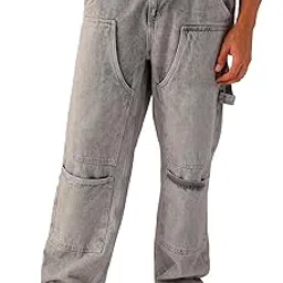 the indian garage co Men Relaxed Fit Solid Mid-Rise Loose Baggy Carpenter Denim-picture-29