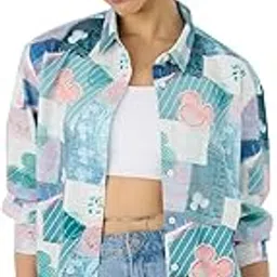 the souled store Mickey Mouse: Toodles Women and Girls Long Sleeves Collared Neck Button Front Blue Printed Cotton Boyfriend Shirts-picture-56