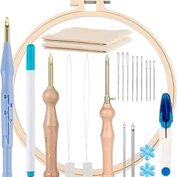 MSDADA 21 Pieces Punch Needle Embroidery Starter Kits, Wooden Handle Embroidery Pen, Punch Needle Cloth, Big Eye Needles, Needle Threaders, Embroidery Floss Cross Stitching Beginners image 1
