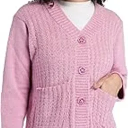 Women's Woolen V-Neck Buttoned Full Sleeve Cardigan Self Design Soft Wool Fabric Winter Wear Pure Wool Sweater Fully Warm with Front Pockets Stylish Outdoor and Office Wear Sweater (Light Pink)-image-62