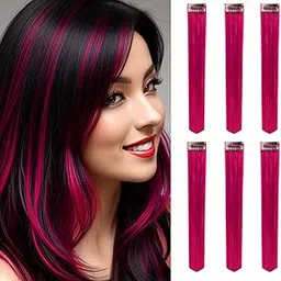 Paradise® Magenta Hair Extensions 22 inches, Pack of 6 Clip-based Straight Colored Hair Streaks for Women & Girls, Party Funky Synthetic Hair Patches-picture-28