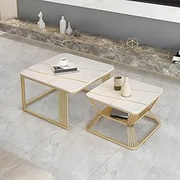Welltrade Shoppee Elegant Metal Frame Square Coffee Tables Set of 2 - Stacking Center Tables with Marble Look - Stylish End Table for Living Room Bedroom or Apartments (White & Gold)-picture-15