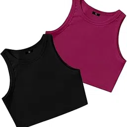 keri perry (Pack of Two) Stylish Sleeve Less Round Neck Ribbed Tank Tops for Women and Western Crop Top-picture-30