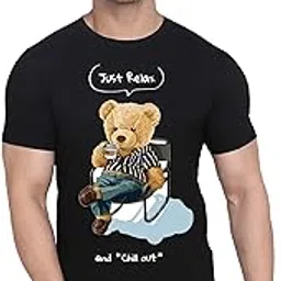 Fashions Love |Men's Black Just Relax T-Shirt | Cute Teddy Bear Graphic Print, Pure Cotton Half Sleeve Round Neck, Fun & Casual Wear Tee C-HSR-0031-image-17