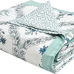 BLOCKS OF INDIA Cotton Single Size Quilt Hand Block Print for Light Winters (60x90 Inches) (Turq BEL)-picture-16