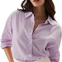 the souled store Solids: Lavender Women and Girls Loose fit Full Sleeve Cotton and Linen Lavender Color Women Boyfriend Shirts image 1