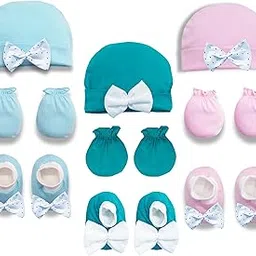 Baby Girls Baby Boys Infant Accessories Cotton Printed Cap Mitten Booties Set Combo Pack of 3 (Multicolour; 0 to 3 Months) (SKYGREENPINK)-picture-48