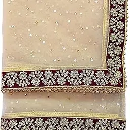 Womens Wedding Bridal Golden Net Dupatta With Maroon Embroidery Border (Stone Work, 2.25M), Free Size-image-63
