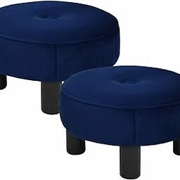WellHouze Round Ottoman Footstool Padded Small Seat with Mango Wood Legs Footrest Seating StoolSet of 2 Office Shoe Changing Stool Extra Seat for Living Room Bedroom Office Blue-image-80
