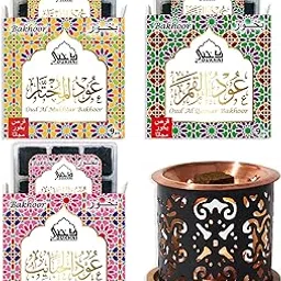 Dukhni Oud Al Mukhtar, Oud Al Qamar, Oud Al Habayeb Bakhoor Set by Dukhni | 3 x 9 Piece Each & Taj Bakhoor Burner | Arabic Bakhoor Incense | Perfect to Relax & Meditate | Great Gift image 1