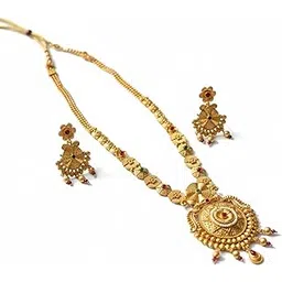 aaiku Traditional Indian Temple Jewelry Long Haram Necklace Set with Earrings | Antique Gold Plated Copper Bridal Jewelry for Women & Girls | Latest Stylish Long Design Wedding Necklace Set with Ruby & Green Stones-picture-22