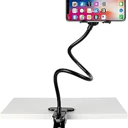 SSMART 360 Degree Flexible Portable Foldable Metal-Lazy Stand, Bracket Cell Phone Holder/Gooseneck Long Arm Clip Mobile Stand for Table Mobile Stand for Bed Office, Desk (Black, Tabletop) image 1