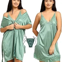 noty Women's- 3 Pc Hot & Sexy Nightwear Set- Satin - Sexy Lace Chemise with Robe-picture-54