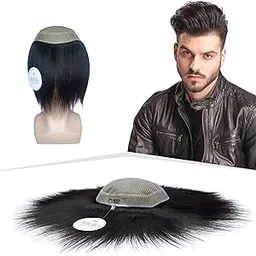Artello® SILK MIRAGE Smart Hair Patch for Men, Softest Double Layer Hair Wig in 100% Natural Human Hair, Scalp Mesh for Soaking Sweat, ½ Tissued Base (Colour: Natural Black) (9x7) image 1