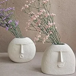 AuroCasa Set of 2 Ceramic Face Vase (Smirk & Pout) 6.5 inch, Matt Finish, White Color, Trending Design, for Home and Office Decor (CFVS2-W)-picture-41