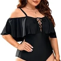 Plus Lace Up Front Ruffle Trim One Piece Swimsuit - XL - 8XL-image-68