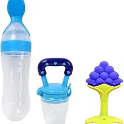 Drisona Silicone BPA Free Silicon Spoon Feeder, Fruit Nibbler, Teether Combo for Newborn Infant Same Color and Design for Your Baby Boy (Blue,Pack of 3) image 1