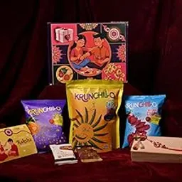 KRUNCHILLO - Rakhi Gift Hamper Nok Jhonk with Crispy Corn, Beetroot Chips , Okra Chips , Rakhi, Rakhi Card and Choclate|Healthy Snacks | High Protein | Source of Fiber |Assorted Pack | 50% Less oil Vaccum Cooked Chips-image-1