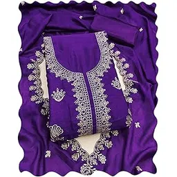 peachmode Women's Violet Embroidery Vichitra Silk Unstitched Dress Material | Stylish Ethnic Casual Wear Ladies Latest 3 Piece Kurti Pant Dupatta Fabric Sets Salwar Suit for Women Free Size-picture-11