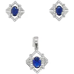 sahiba gems 925 Silver One Blue Oval Shape Zircon Designer Pendant Earrings Set for Women (Without Chain) ~ 6.00 Grams-picture-52