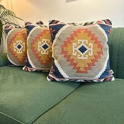 LUSHLYF Kilim Tribal Jacquard Cushion Cover 18x18 Inch - Ethnic Cotton Slub Multi-Jacquard Design, Perfect for Living Room, Bedroom, and Lounge Decor (Set of 3)-picture-22
