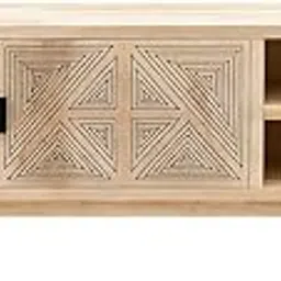 FURNIZA Natural Finish Solid Mango Wood TV Unit Stand with Storage | Wooden Media Console with Geometric Print Design for Living Room | Modern Entertainment Cabinet with 2 Doors & Open Shelves.-image-50