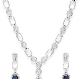 Rhodium Plated Brass Silver Toned Green American Diamond Studded Contemporary Detailing Neckalce & Earring Jewellery Set For Women-image-22
