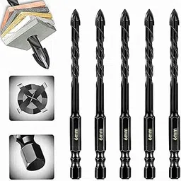 Sunkizzrs® 5-Pcs Hex Cross Tile Drill Bits Set(6/8/10/12mm)Alloy Steel Hex Shank High Impact 4-Edge Hole Opener Drill Bits for Ceramic Tiles, Glass, Marble, Concrete, Plastic, Wood (0.24in / 6mm) image 1