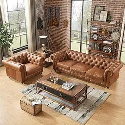 3-Piece Chesterfield Leather Living Room Set, Tufted Brown Sofa, Loveseat and Chair, Classic Design-picture-11