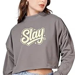 blueficus Women Cotton Blend Crop Sweatshirt with Slay Print | High Neck Graphic Pullover | Trendy Winter Casual Wear for Women & Girls-picture-11