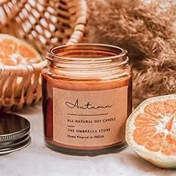 THE UMBRELLA STORE 100% Organic Glass Soy Wax Scented Candle Autumn Scented Aroma Candles for Air Fragrance Home Decor, Aromatherapy, Luxury Gift Upto 15 hours(Orange+ Patchouli)-image-1