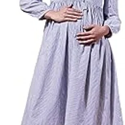 Women's Stripes Print Cotton Blue Color Maternity Midi Dress-image-10