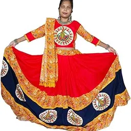 Traditional Navratri Dance Costume, Red and Navy Blue Chaniya Choli with Floral Print, Embellished Folk Design-picture-58