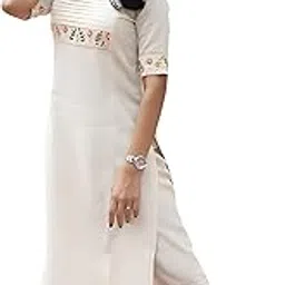 eightone Women's Cotton Kurti with Floral Embroidery and Pant Set for Women, Embroidered Three Quarter Sleeve & Single Side Pocket Pant,Cream White, Ankle Length. image 1